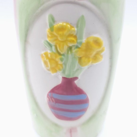 Small Flower Vase Ceramic Floral Etched Design Green Pink Yellow 6.50 " Like New - Picture 3 of 6
